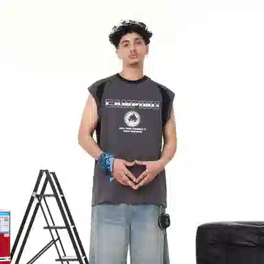 王者荣耀 李白款 美式复古插色休闲高街户外运动日常通勤无性别直筒圆领无袖背心 男女同款