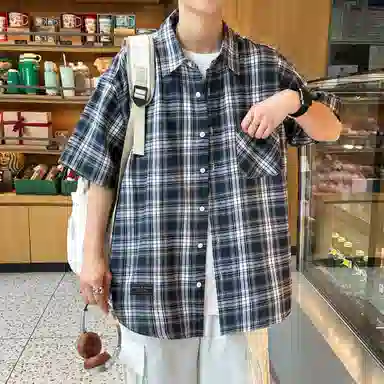 王者荣耀 美式复古格子翻领外套宽松舒适少年感高颜值休闲百搭时尚短袖衬衫 标语款 男女同款