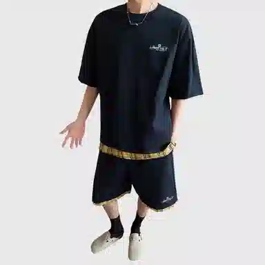 王者荣耀 鲁班七号星空梦想款美式复古下摆拼接基础款设计宽松短袖短裤两件套氛围感百搭简约休闲运动套装 男女同款