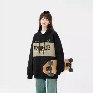 王者荣耀 鲁班七号星空梦想款 美式复古拼接撞色字母设计落肩长袖休闲宽松套头多巴胺重磅连帽卫衣 男女同款