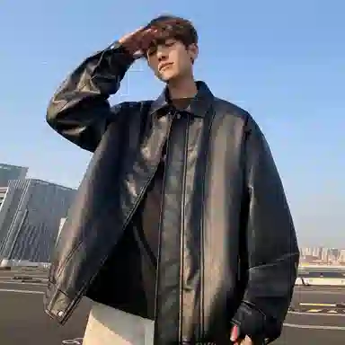 王者荣耀 美式基础款拼接翻领外套复古机车拉链宽松休闲百搭时尚皮衣 男女同款