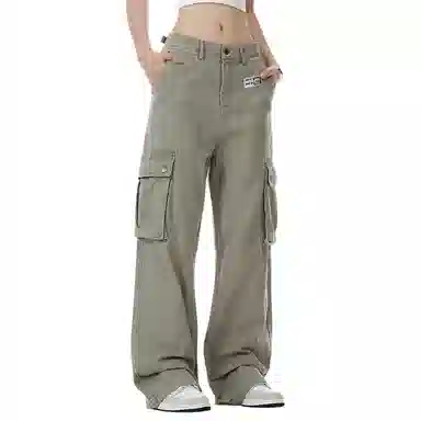 王者荣耀 鲁班七号款 美式街头舒适宽松水洗做旧大口袋设计装饰微喇拖地长裤牛仔裤 男女同款