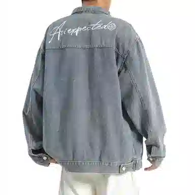 王者荣耀 明世隐款 美式街头复古做旧舒适宽松纯色背后手写印花潮流百搭翻领长袖牛仔外套 男女同款