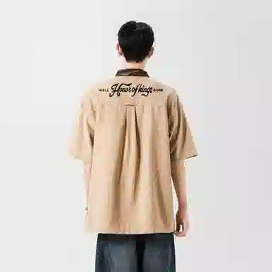 王者荣耀 标语款 美式高街拼接撞色翻领宽松舒适痞帅时尚青少年无性别休闲百搭短袖衬衫 男女同款