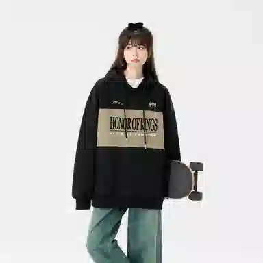 王者荣耀 鲁班七号星空梦想款 美式复古拼接撞色字母设计落肩长袖休闲宽松套头多巴胺重磅连帽卫衣 男女同款