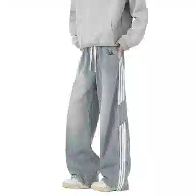 王者荣耀 美式复古三杠条纹长裤宽松舒适高街痞帅炸街休闲时尚百搭直筒阔腿牛仔裤 男女同款