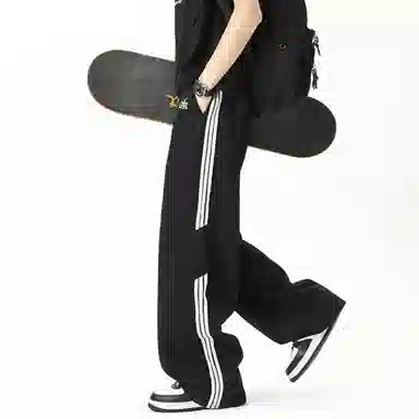 王者荣耀 美式复古三杠条纹长裤宽松舒适高街痞帅炸街休闲时尚百搭直筒阔腿牛仔裤 男女同款