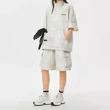 王者荣耀 标语款 美式复古扎染万针刺绣半拉链短袖上衣宽松舒适高街设计感高级感工装五分短裤休闲运动套装 男女同款