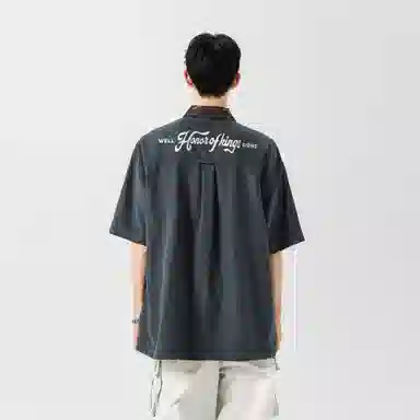 王者荣耀 标语款 美式高街拼接撞色翻领宽松舒适痞帅时尚青少年无性别休闲百搭短袖衬衫 男女同款