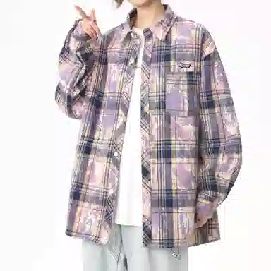 王者荣耀 鲁班七号星空梦想款 美式复古简约撞色字母刺绣口袋多彩斑驳格纹轻薄透气宽松小衫休闲高级感翻领长袖衬衫 男女同款