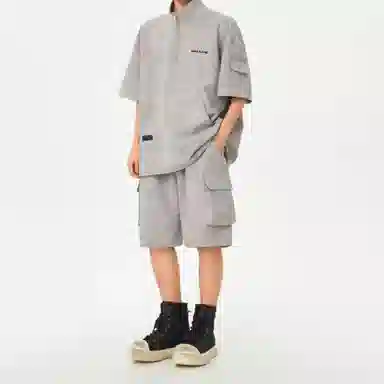 王者荣耀 标语款 美式复古扎染万针刺绣半拉链短袖上衣宽松舒适高街设计感高级感工装五分短裤休闲运动套装 男女同款