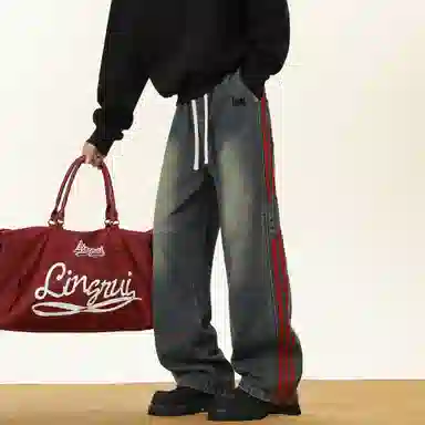 王者荣耀 美式复古三杠条纹长裤宽松舒适高街痞帅炸街休闲时尚百搭直筒阔腿牛仔裤 男女同款