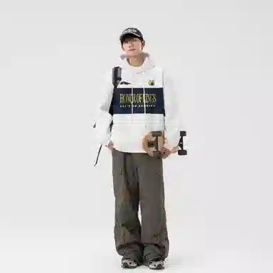 王者荣耀 鲁班七号星空梦想款 美式复古拼接撞色字母设计落肩长袖休闲宽松套头多巴胺重磅连帽卫衣 男女同款