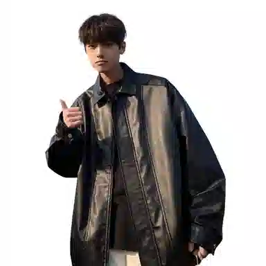 王者荣耀 美式基础款拼接翻领外套复古机车拉链宽松休闲百搭时尚皮衣 男女同款