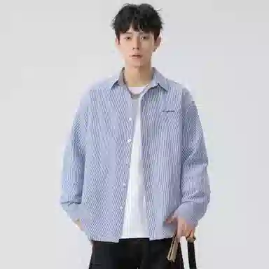 王者荣耀 经典翻领条纹长袖小众休闲简约设计字母印花美式街头复古潮流时尚通勤日常百搭宽松舒适慵懒氛围感无性别主义学院风衬衫 男女同款