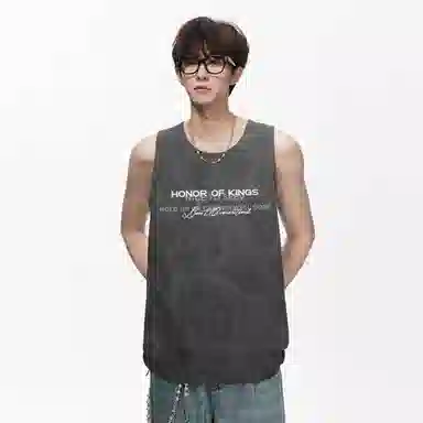 王者荣耀 标语款 美式复古扎染圆领字母宽松舒适百搭居家运动健身显肌肉透气排汗休闲背心 男女同款