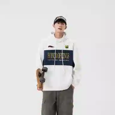 王者荣耀 鲁班七号星空梦想款 美式复古拼接撞色字母设计落肩长袖休闲宽松套头多巴胺重磅连帽卫衣 男女同款