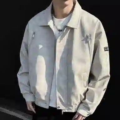 王者荣耀 鲁班七号款 港风复古简约纯色两侧双拉链小众设计宽松翻领百搭休闲长袖开衫皮衣 男女同款