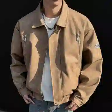 王者荣耀 鲁班七号款 港风复古简约纯色两侧双拉链小众设计宽松翻领百搭休闲长袖开衫皮衣 男女同款