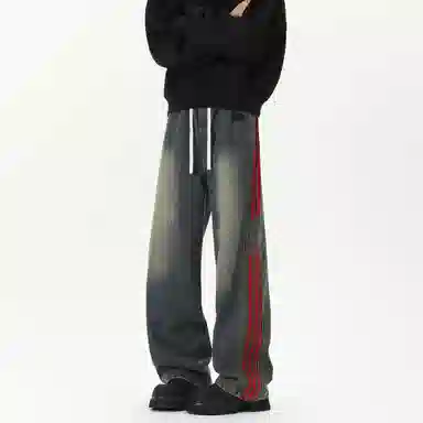 王者荣耀 美式复古三杠条纹长裤宽松舒适高街痞帅炸街休闲时尚百搭直筒阔腿牛仔裤 男女同款