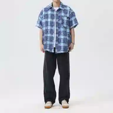 王者荣耀 美式复古格子流苏宽松舒适时尚百搭校园风少年感无性别休闲翻领纽扣短袖衬衫 男女同款