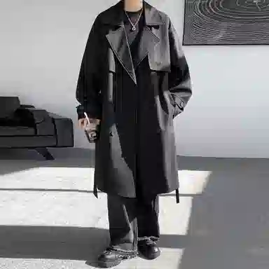 王者荣耀 烫钻美式高街纯色翻领中长款外套英伦风雅痞少年感宽松双排扣休闲百搭时尚风衣 梦奇款 男女同款