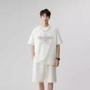 王者荣耀 标语款 美式高街拼接项链设计圆领短袖五分短裤两件套宽松舒适痞帅青春高颜值无性别潮流百搭时尚休闲运动套装 男女同款