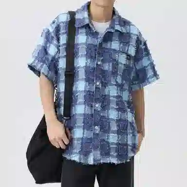 王者荣耀 美式复古格子流苏宽松舒适时尚百搭校园风少年感无性别休闲翻领纽扣短袖衬衫 男女同款