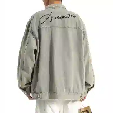 王者荣耀 明世隐款 美式街头复古做旧舒适宽松纯色背后手写印花潮流百搭翻领长袖牛仔外套 男女同款