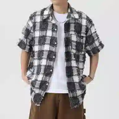 王者荣耀 美式复古格子流苏宽松舒适时尚百搭校园风少年感无性别休闲翻领纽扣短袖衬衫 男女同款