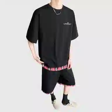 王者荣耀 鲁班七号星空梦想款美式复古下摆拼接基础款设计宽松短袖短裤两件套氛围感百搭简约休闲运动套装 男女同款