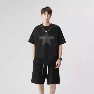 王者荣耀 标语款 美式高街拼接项链设计圆领短袖五分短裤两件套宽松舒适痞帅青春高颜值无性别潮流百搭时尚休闲运动套装 男女同款