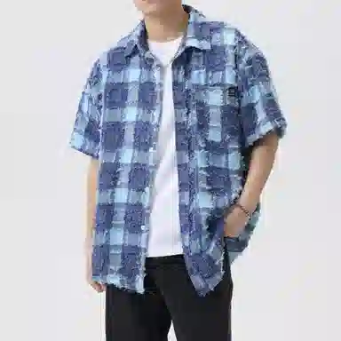 王者荣耀 美式复古格子流苏宽松舒适时尚百搭校园风少年感无性别休闲翻领纽扣短袖衬衫 男女同款