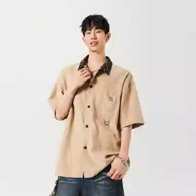 王者荣耀 标语款 美式高街拼接撞色翻领宽松舒适痞帅时尚青少年无性别休闲百搭短袖衬衫 男女同款