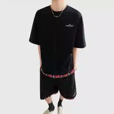 王者荣耀 鲁班七号星空梦想款美式复古下摆拼接基础款设计宽松短袖短裤两件套氛围感百搭简约休闲运动套装 男女同款