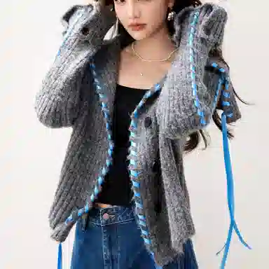 兰缪 慵懒风高级羊毛毛衣飘带装饰舒适柔软大翻领短款外套针织衫 女款