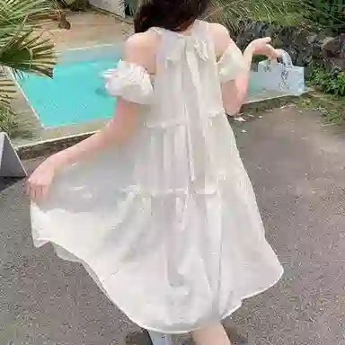 兰缪 法式设计感小众挂脖裙小个子纯欲露肩绑带圆领短袖连衣裙 女款