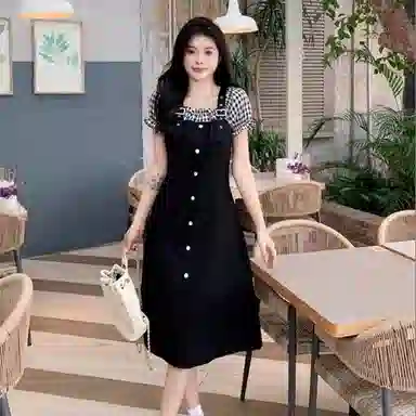 兰缪 法式茶歇森系辣妹裙假两件短袖连衣裙 女款