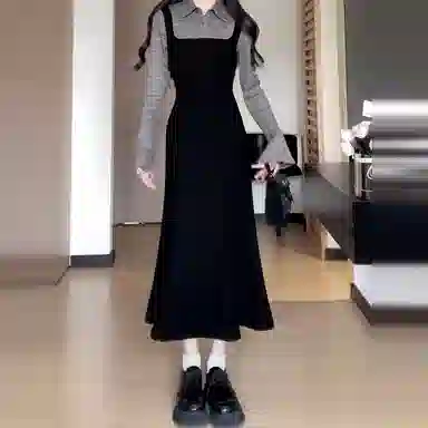 兰缪 高级感法式气质长裙韩系假两件长袖连衣裙 女款