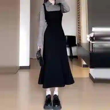 兰缪 高级感法式气质长裙韩系假两件长袖连衣裙 女款