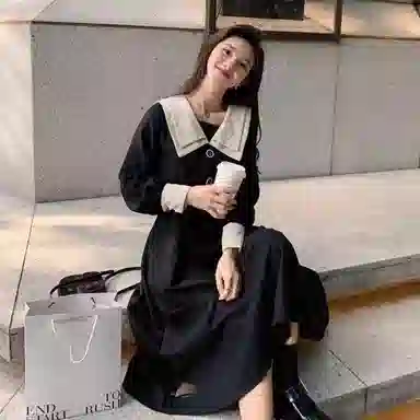 兰缪 大码法式复古少女中长款秋款显瘦小黑裙长袖连衣裙 女款