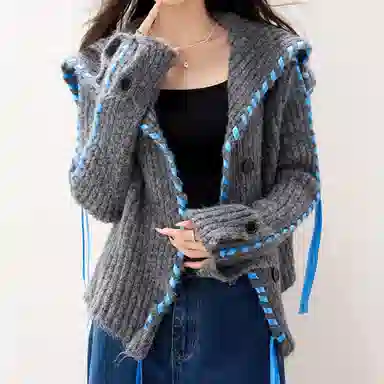 兰缪 慵懒风高级羊毛毛衣飘带装饰舒适柔软大翻领短款外套针织衫 女款