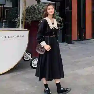 兰缪 大码法式复古少女中长款秋款显瘦小黑裙长袖连衣裙 女款