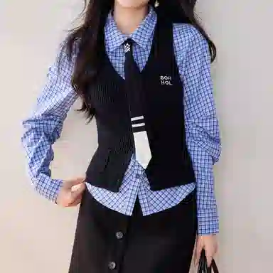 兰缪 设计感时尚气质收腰修身针织衬衫套装背心 女款