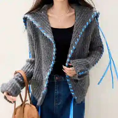 兰缪 慵懒风高级羊毛毛衣飘带装饰舒适柔软大翻领短款外套针织衫 女款