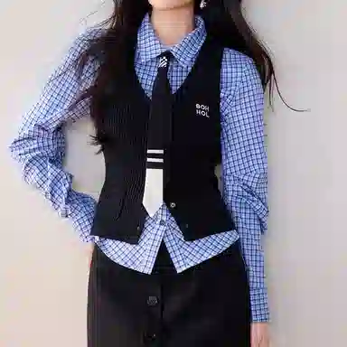 兰缪 设计感时尚气质收腰修身针织衬衫套装背心 女款