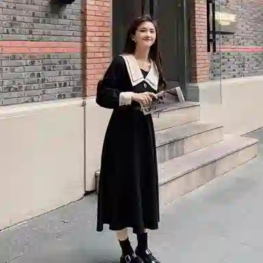 兰缪 大码法式复古少女中长款秋款显瘦小黑裙长袖连衣裙 女款