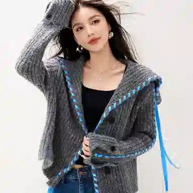 兰缪 慵懒风高级羊毛毛衣飘带装饰舒适柔软大翻领短款外套针织衫 女款