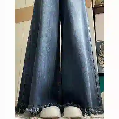 兰缪 美式高腰显瘦复古毛边秋季宽松遮肉百搭设计感拖地阔腿牛仔裤 女款