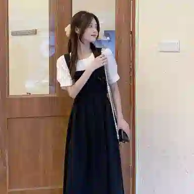 兰缪 法式气质假两件收腰减龄短袖连衣裙 女款